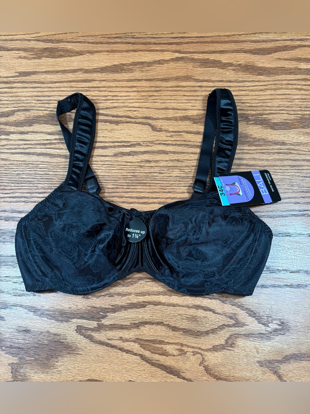 BALI 3562 Black Underwire Satin Tracings Minimizer Bra Size 34C NWT